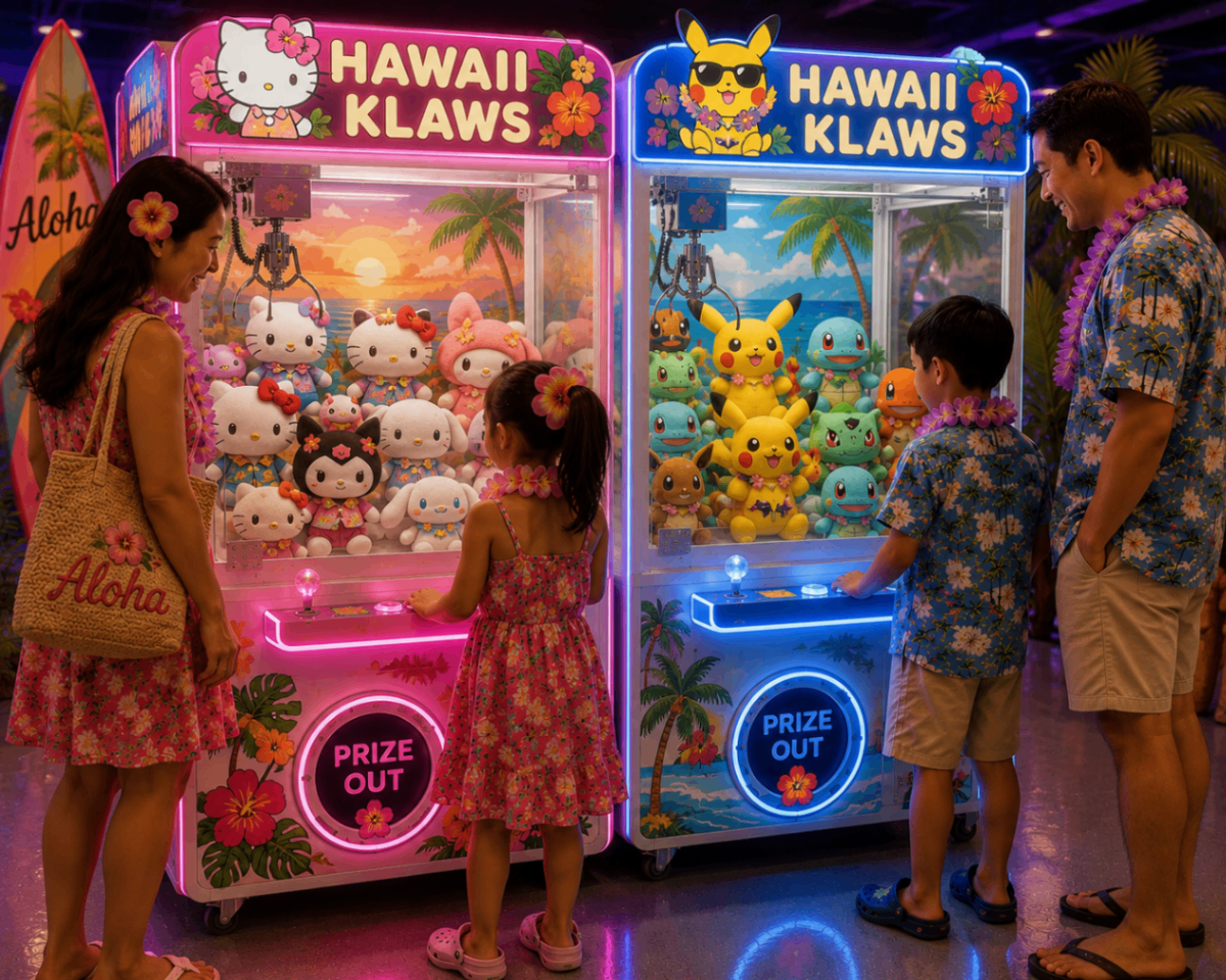 Families and kids having fun playing claw machines at Hawaii Klaws arcade in Buena Park